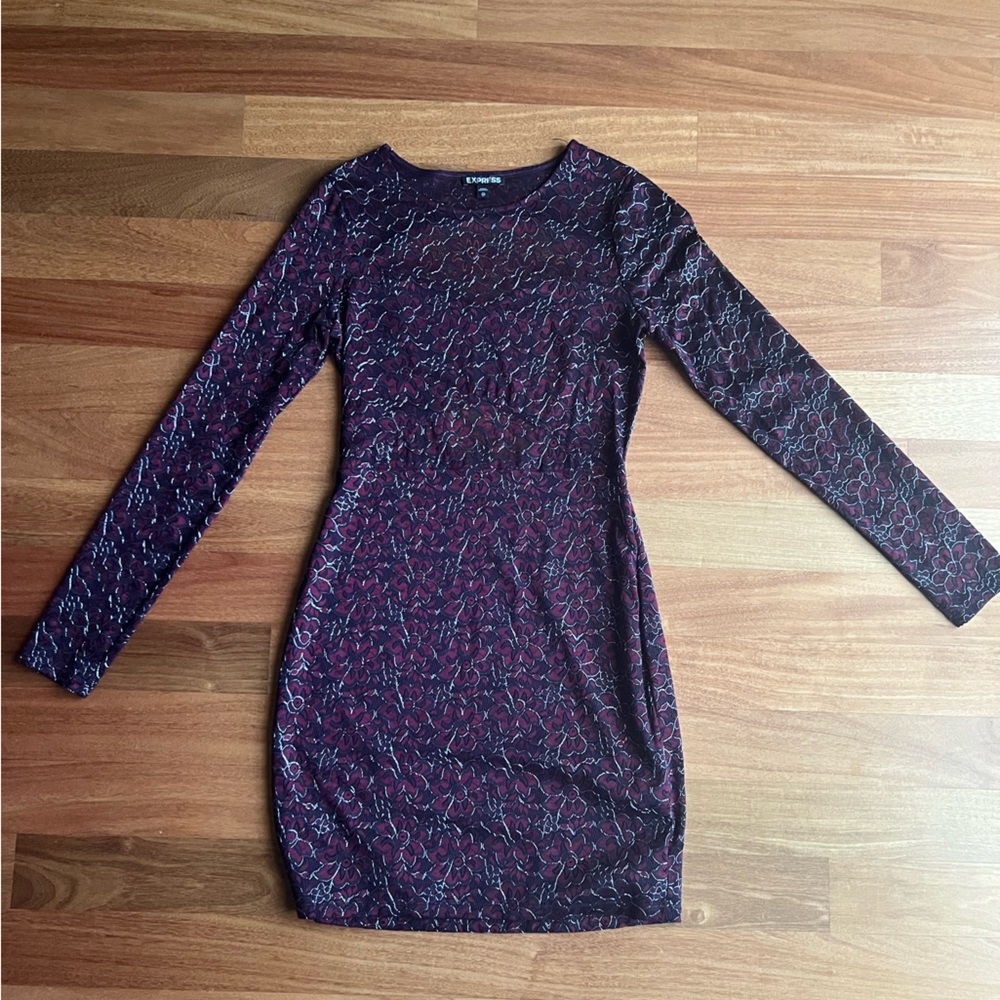 Express Maroon Open Back Lace long sleeve mini dress